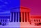 The US Supreme Court in Washington DC with red and blue colors representing political division on the court