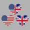 US and UK flags icon in the heart shape. American and British friendship symbol. Vector illustration.