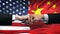 US vs China conflict, international relations crisis, fists on flag background