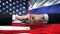 US vs Russia conflict, international relations crisis, fists on flag background