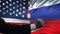 US vs Russia confrontation, countries disagreement, fists on flag background
