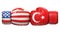USA against Turkish boxing glove, America vs. Turkey international conflict or rivalry 3d rendering