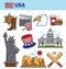 USA America travel landmarks symbols and American culture tourist attraction icons set