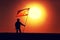 USA army soldier with flag on sunset background