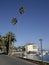 USA, California, Catalina Island - November 24, 2009: Casinos and large tall palm trees on the beach in the town of Avalon on Cata
