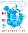 USA and Canada large detailed political map in colors of blue an