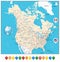 USA and Canada large detailed political map with map pointers