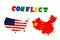 USA and China conflict. National flags on white background. Politics concept