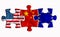 USA, China and EU flags on three puzzle pieces on a white isolated background. The concept of political relations. 3D rendering