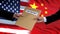 USA and China politicians exchanging top secret envelopes, flags background