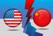 USA and China politics and trade war, financial concept. flash Lightning bolt on flag button of USA and China