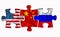 USA, China and Russia flag on three puzzle pieces on a white isolated background. The concept of political relations. 3D rendering