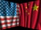 USA and China. Waving perspective flags of the United States of America and China together on dramatic black