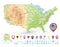 USA detailed physical map and navigation icons