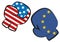 USA Europe trade war confict illustrated by a boxing match with USA and Europe flags in boxing gloves fighting each other, isolate