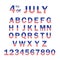 USA Flag Alphabet and Numbers. 4th of July USA flag style font design. USA Flag Font template. Font USA Flag Stars Set