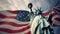 The USA Flag Enhances the Magnificence of the Statue of Liberty. Generative AI