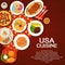 USA food menu cover, American cuisine dishes meals