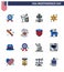 USA Happy Independence DayPictogram Set of 16 Simple Flat Filled Lines of baseball; police sign; glass; star; men