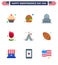 USA Happy Independence DayPictogram Set of 9 Simple Flats of camp; tent free; city; plent; imerican