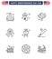 USA Happy Independence DayPictogram Set of 9 Simple Lines of barbecue; star; american; police; state