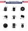 USA Happy Independence DayPictogram Set of 9 Simple Solid Glyphs of native american; outdoor; cola; match; camping