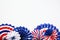 USA holiday banner design. American flag color paper fans on white background. Happy Independence day, President`s Day, Labor day