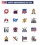 USA Independence Day Flat Filled Line Set of 16 USA Pictograms of map; wine; badge; beer; building