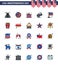 USA Independence Day Flat Filled Line Set of 25 USA Pictograms of international; country; drum; mortar; cannon