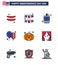 USA Independence Day Flat Filled Line Set of 9 USA Pictograms of food; day; alcoholic; celebrate; liquid