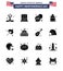 USA Independence Day Solid Glyph Set of 16 USA Pictograms of camping; usa; usa; handbag; chat bubble