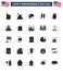 USA Independence Day Solid Glyph Set of 25 USA Pictograms of fries; chips; head; food; corn dog