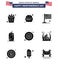 USA Independence Day Solid Glyph Set of 9 USA Pictograms of arch; star; international; police; drink