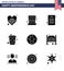 USA Independence Day Solid Glyph Set of 9 USA Pictograms of celebration; american; declaration; soda; cola