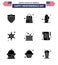 USA Independence Day Solid Glyph Set of 9 USA Pictograms of drum; police sign; cactus; star; men