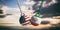 USA and Iranian flags wrecking balls swinging on blue cloudy sky background. 3d illustration