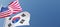 Usa and Korea flags fluttering in the wind against a blue sky mockup with copy space. American and South Korea national symbols 3d