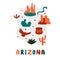 USA map collection. State symbols on gray state silhouette - Arizona