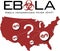 USA map with ebola text, biohazard symbol and question mark