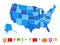 Usa map. Infographic us map with multi-colored states and pins, topographic info outline road, travel poster vector