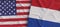 USA and Netherlands flags. Linen flag close-up. Flag made of canvas. United States of America. Amsterdam. National symbols. 3d