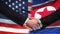 USA and North Korea handshake, international friendship, flag background