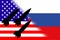 USA Russia. Nuclear weapons. Russia flag and United States flag with nuclear weapons symbol with missile silhouette.