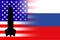 USA Russia. Nuclear weapons. Russia flag and United States flag with nuclear weapons symbol with missile silhouette.