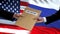 USA and Russia politicians exchanging top secret envelopes, flags background