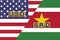 USA and Suriname currencies codes on national flags background