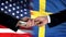 USA and Sweden officials exchanging money, flag background, business trade