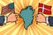 USA v. Denmark, dispute over Greenland. Hands of politicians with national flags