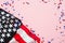 USA Veterans Day banner design. American flag and confetti on pink background. USA Independence Day, Memorial Day, US Labor day
