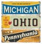 USA. Vintage tin sign collection with America state. Michigan. Ohio. Pennsylvania.